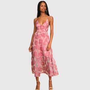 NWT Lulus Dress Pink Feeling Like Forever Rose Jacquard Lace Up Midi Flowy Large - Bild 1 von 12