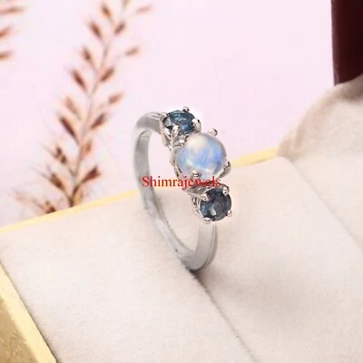 Piedra lunar arco iris natural con anillo para mujer enchapado en oro blanco de 18k #1259 Foto 1 de 4