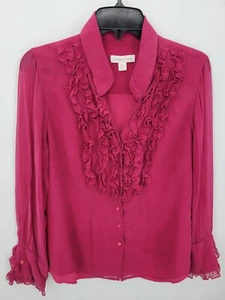 Coldwater Creek Top Damen Medium Hot Pink Seide Rüschen Knopfleiste Langarm - Bild 1 von 9