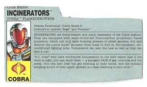 1991 Cobra Incinerators v.1 FILE CARD gray filecard bio original GI Joe JTC - Imagen 1 de 2