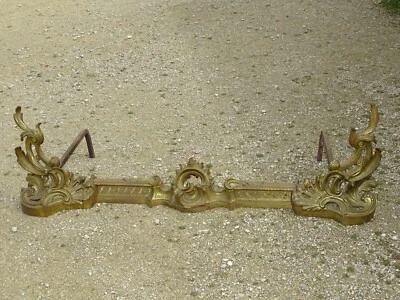 *SUPERBE BARRE DE CHEMINEE & CHENETS BRONZE STYLE LOUIS XV ROCAILLE Déco ATRE D - Photo 1/4