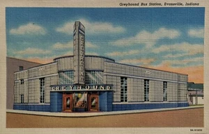 Greyhound Bus Depot Evansville Indiana 1939-1940 Leinen Postkarte sehr gut - Bild 1 von 2