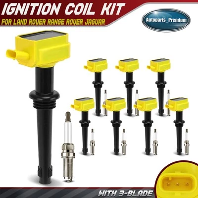 8x Bobina de encendido amarilla y 8x Bujía de iridio para Land Rover Jaguar V8 5,0 L Foto 1 de 4