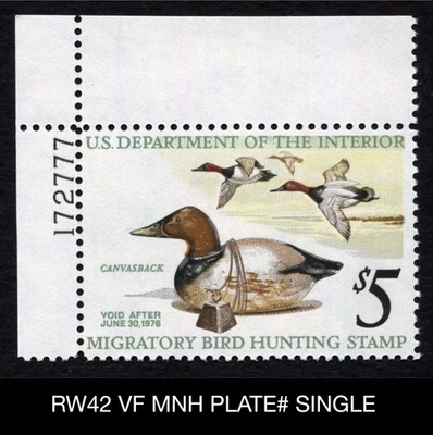 RW42 VF MNH PLATE# SINGLE 1975 Canvasbacks Federal Duck Stamp Waterfowl - Image 1 of 3