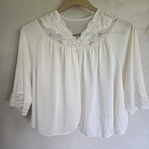 Vintage Shadowline Nylon Peignoir Bettjacke Elfenbein Spitze Blumenstickerei Rosenknospen L - Bild 1 von 8