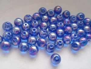 Job Lot Of 50 Pieces Transparent Dark Blue AB Finish Round Glass Beads 10mm - Picture 1 of 2