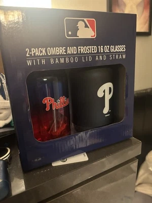 Paquete de 2 vasos Phillies Ombré esmerilados de 16 oz con tapas de bambú y pajita NUEVO Foto 1 de 3