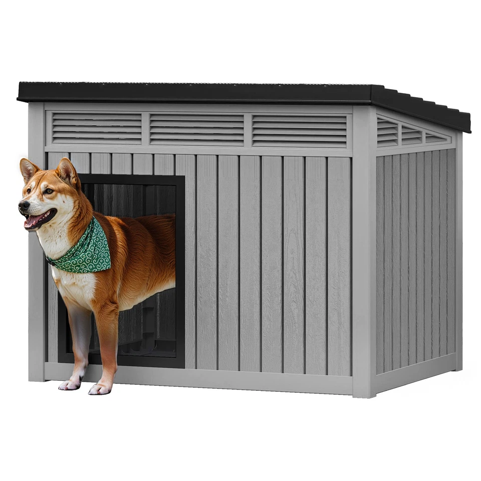 Casa para perros de plástico gris con techo elevable exterior interior perrera para perros con respiraderos de aire Foto 1 de 4