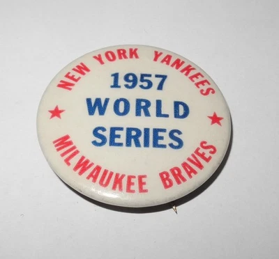 1957 Baseball Milwaukee Braves vs New York Yankees World Series Pin Coin Button - Image 1 of 2