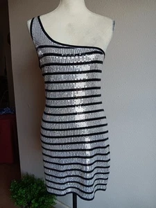 Bebe Strips Black&White One Shoulder Silver Sequin Stretch BodyCon Mini Dress L - Picture 1 of 12