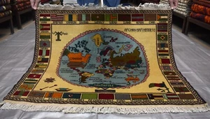 Vintage Afghan Pictorial World Map Rug 2x3 ft Hand Knotted Oriental Wool Carpet - Picture 1 of 14