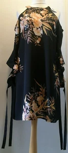 Tie Sleeve Floral Dress Cold Shoulder Keyhole Back YOINS Size 12 Uk NEW Black - Picture 1 of 7