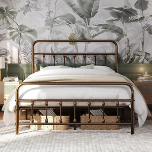 Classic Metal Platform Bed Frame Mattress Foundation with Victorian Style Iron-A - Picture 1 of 9
