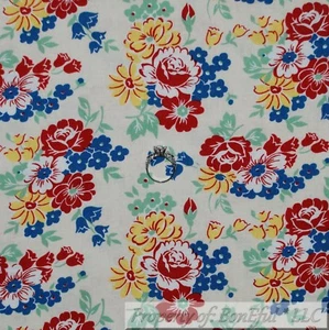 BonEful Fabric FQ Cotton Quilt VTG Cream Yellow Red Blue Rose Flower Holiday Dot - Picture 1 of 11