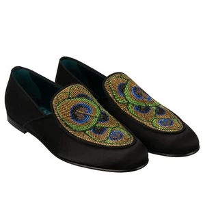 DOLCE & GABBANA Peacock Feather Goldwork Loafer Shoes CIMABUE Black 43 US 10 - Picture 1 of 7