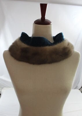 Vintage 1960s Fur Collar Scarf Blue Wool Trim Hook Eye Closure Satin Lined - Image 1 of 4