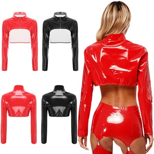 Women's Wet Look Patent Leather Crop Top Long Sleeve Front Zipper Tee Shirt Top - Picture 1 of 28