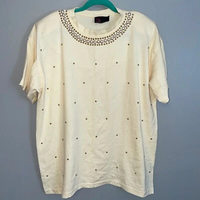 Usado en Excelente Condición Vintage 1990 Años 90 Pinky West Perlas Dorado Tachuelas Almohadillas para el Hombro Manga Corta XL Foto 1 de 4