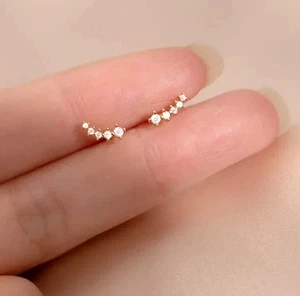 925 Sterling Silver Stud Earrings Curve Bar Climber Small Sparkly CZ Dainty Tiny - Picture 1 of 9