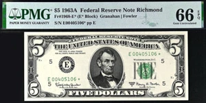 1963a* $5 Richmond STAR Federal Reserve Note FRN • 1968-E* • PMG 66 EPQ - Picture 1 of 2