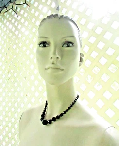CLASSY BEAUTIFUL BLACK GLASS JET CZECH ANTIQUE 1920'S BEAD NECKLACE 15" - Picture 1 of 10