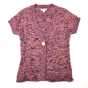 Coldwater Creek Sweater Womens M Cardigan Fushia Pink Purple Marled Short Sleeve - Picture 1 of 8