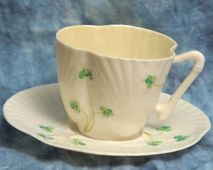 Belleek Demitasse Shamrock Cup & Saucer 1st Green Mark Stamp Excellent - Picture 1 of 6
