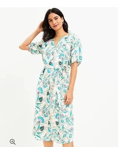 LOFT Floral V-Neck Puff Sleeve Midi Dress, belted linen blend Size XXL - Picture 1 of 6