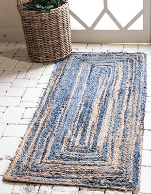 Braided Chindi Collection Casual Modern Blue/Natural Runner Rug (2' 6 x 6' 0) - Image 1 of 4