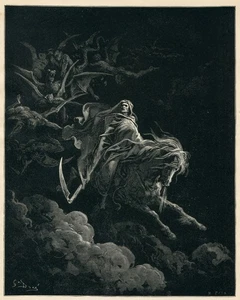 Dore Bibel Kunst TOD AUF DEM BLASSEN PFERD Offenbarung 6, 1890 antiker Druck - Bild 1 von 4