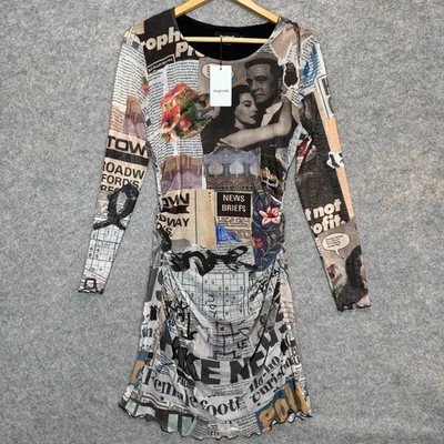 Vestido Desigual Tul Periódico Midi Mujer XL Gráfico Noticias Ajustado Forrado NUEVO Foto 1 de 4