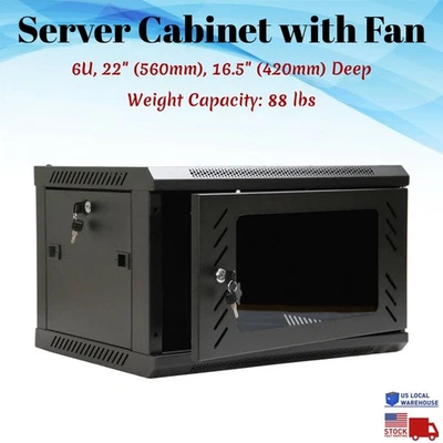Server Cabinet 19" 6U Rack Wall Mount 16.5" Deep with Key Lock Fan Data Network - Image 1 of 4