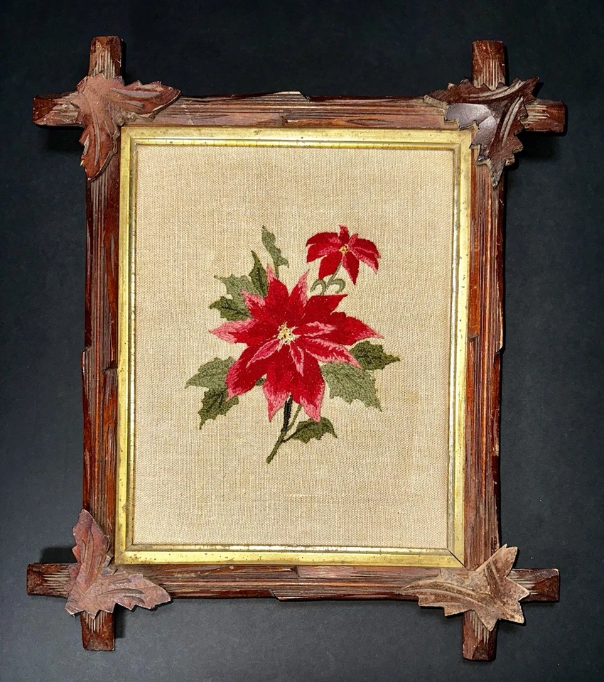 ANTIGA Arte de Vagabundo Esculpida Moldura Poinsétia Ponto de Agulha Arte Folclórica Vitoriana Madeira - Imagem 1 de 4