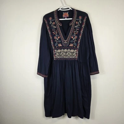 Johnny Was Embroidered Midi Dress Size 1x Navy Blue 3/4 Sleeve Jersey Cotton  - Image 1 of 4