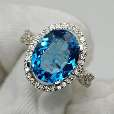 Anel halo topázio azul suíço natural prata esterlina 925 pedra preciosa com moissanita - Imagem 1 de 4