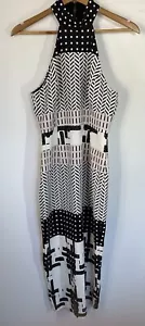 Shona Joy Sz 10 Black White Geometric Print Halter Neck Shift Dress Form Fitting - Picture 1 of 7