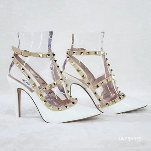 Zapatos de tacón alto de aguja con tachuelas de charol blanco enjaulado - Imagen 1 de 10