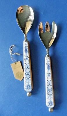 Salad Serving Set Spoon & Fork Enamel Blue/White Handcrafted Hammered Metal New - Image 1 of 4