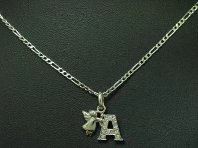 925 Argento Sterling Catena & Ciondolo Con Zirconi Incastonati/Angelo & A/85,6cm - Immagine 1 di 3