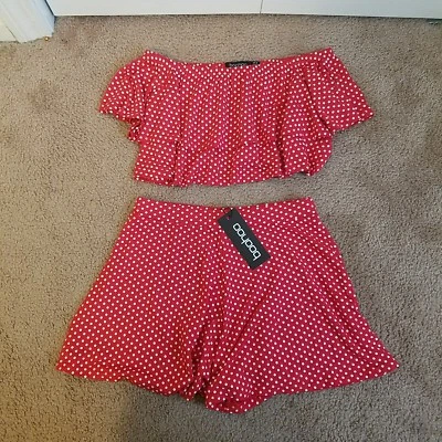 Boohoo Jen Polka Dot off shoulder crop & shorts set, size 8, red - Image 1 of 3