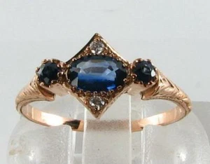 9CT 9K ROSE GOLD SAPPHIRE & DIAMOND ART DECO INS TRILOGY DAINTY RING FREE RESIZE - Picture 1 of 5