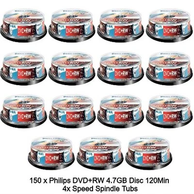375 x Philips DVD+RW 4.7GB 120Min Rewritable 4x Speed 25s Blank Disc Spindle Tub - Image 1 of 4