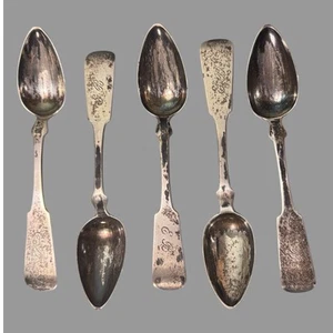 Set of 5 Antique Wortfiguer Coin Silver 6" Teaspoons - Picture 1 of 7