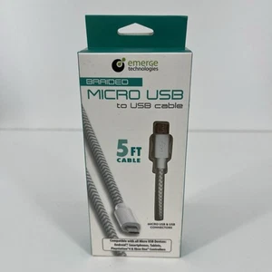 Emerge Technologies Braided Micro USB Cable White/Gray 5ft Android New Sealed - Picture 1 of 4