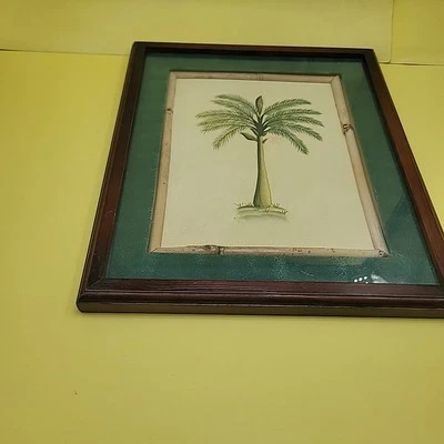 Glassed Wood Framed Palm Print  15"x12. 5" bamboo outlined green mat  - Image 1 of 4