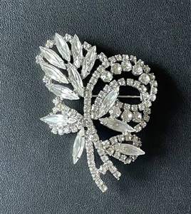 Vintage Marquise Strass 2,5" Floral Brosche Anstecknadel Silberfarben Rhodiniert - Bild 1 von 4