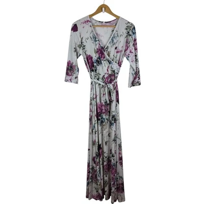 Vestido maxi floral rosa blush médio maternidade cinto fluido elástico malha macia - Imagem 1 de 4