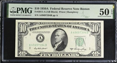 1950A Federal Reserve Note Boston 10 Dollars Fr#2011-A PMG 50 About UNC 50 EPQ - Image 1 of 2