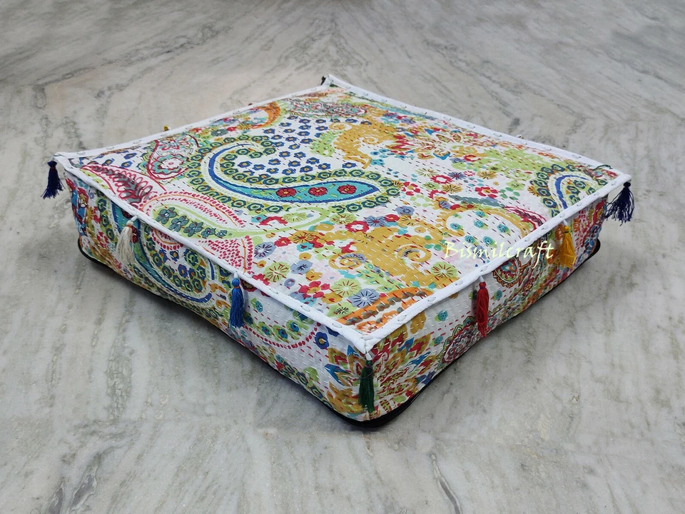 22X22X5" Square kantha Cushion Cover White Paisley Decorative Pillow Covers - Image 1 of 4