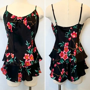 90s Victoria’s Secret Silk Black Floral Print Cami Shorts Matching Set 2PC M - Picture 1 of 11